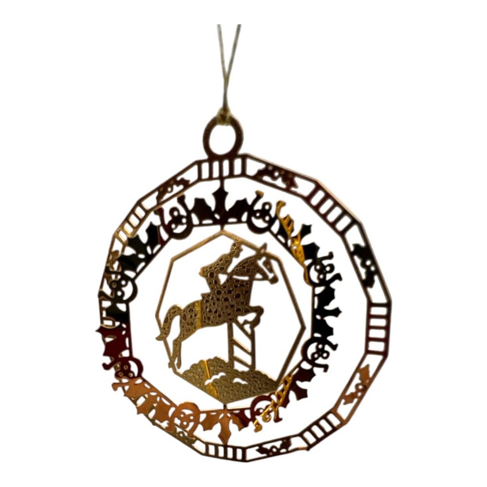 Brass English Riding Horse Jumping 3D Christmas Ornament Round EUC 1988